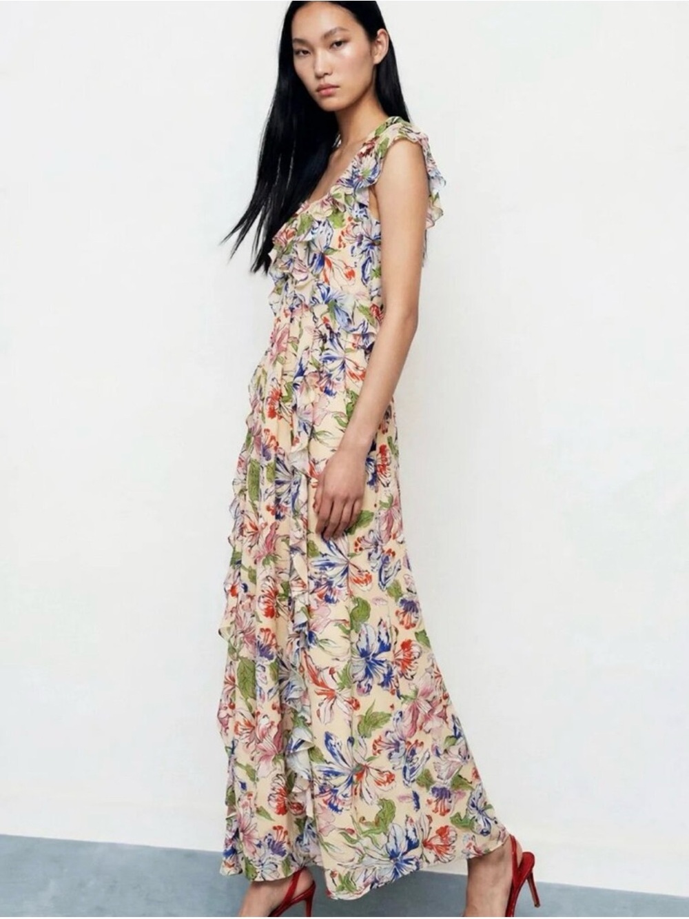 Floral Ruffle Maxi Dress in Cream